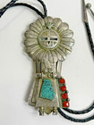 Vtg Jereme Delgarito Sterling Silver Large Navajo Bolo Tie W  Coral   Turquoise