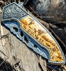 8 25  Spring Assisted Folding Pocket Knife Metal Belt Clip Fantasy Engraved