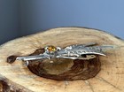 Vintage Scottish Sterling Silver Feather   Bow Brooch Amber Glass Hallmarked