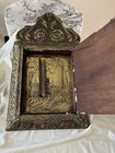 Antique Victorian Brass Vanity Set Mirror   Brush Repousse Nautical Scene As-is