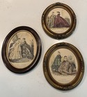 Set Of 3 Antique French Fashion Illustrationprints Oval Frames 19th Century Gilt