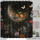 Black Moon Shower Curtain Set 4 Pcs With Rugs And 12 Hooks - Bathroom Decor Set