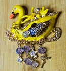 Large Crystal Enamel Swan Brooch Pin Dangling Crystals 3 75   