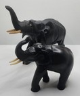 Pair Of Antique Anglo Indian Elephants Black Ebonized Wood Hand Carved Sculpture