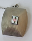 Art Deco Silver Tone Guilloche Enamel Compact Has Detachable Chain Finger Ring
