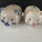 Piggy Bank Vintage  Stoneware Pottery Rubber Stopper Vintage Blue Pink  6    X 3   