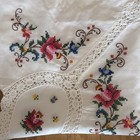Vintage Hand Embroidered Cross Stitched Crochet Lace Tablecloth  -  98  X 65 
