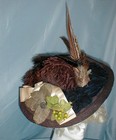 Wide Brim  Antique Hat Victorian 1890 Brown Felt  Feather Ribbon And Leaf Trim