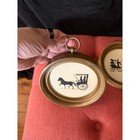 Vintage Horse And Carriage Silhouette Wall Art Pair Round Brass Gold Frames