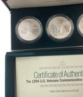 1994 Us Veterans Commemorative 3 Silver Dollar Uncirculated Set Ogp Coa