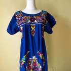 Puebla Mexican Dress Floral Embroidered Blue Cotton Mid Length Traditional S