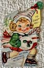 Unused Christmas Girl Ice Skate Muff Present Mechanical Vtg Greeting Card 1940s