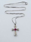 Vintage Sterling Silver Cross Pendant Necklace Pink Ruby Heart Two Tone 
