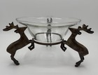 Large Vintage Brass Reindeer Glass Bowl Christmas Elk Stand Mcm Decor
