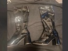 Women   s Black Patent Leather Knee-high Riding Boots Zip Block Heel Round Toe