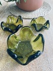 Vintage Mid-century Modern Heavy Olive Green Art Glass Ashtray   Catchall  3 