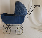 Vintage 1950s Blue Wicker Doll Carriage Pram Spoked Wheels Hood W  Bedding