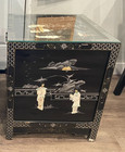 Vintage Chinese Chinoiserie Black Lacquer Cabinet Jade Inlay