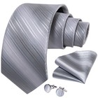 3 Pcs-mens Tie Grey Striped Necktie Hankie Cufflinks Set Wedding Formal Party