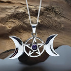 Triple Moon Pentagram Pendant Amethyst Sterling Silver Wiccan Pagan Necklace