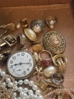 Estate Vtg Junk Drawer Jewelry Lot  Rings  Earrings  Pocket Watch  Necklaces 