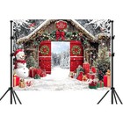 10x8ft Christmas Backdrop Winter Forest Wooden Barn Door North Pole Snowman