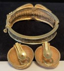 Hattie Carnegie Signed Set Gilt Hammered Clear Rhinestone Bracelet Earrings A15