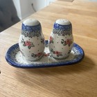 Ceramika Artystyczna Boleslawiec Polish Pottery Salt Pepper Shakers Tray Roses