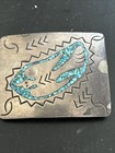 Vintage Silver Tone Native American Turquoise Chips Belt Buckle