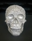 Silver Skeleton Human Skull Halloween Decor Figurine Daisy Embossed Resin Glitz