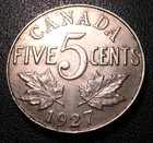 1927 Canada Five Cents 5 C Old Canadian Coins
