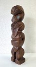 60s Vintage Maori Tiki Statue Carved Wood Paua Shell Eyes New Zealand Tribal Art