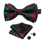 Green   Red Flower Mens Bowtie Pretied Bow Ties Hankie Cufflinks Set Wedding 