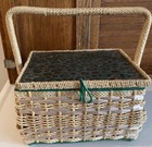 Vintage Woven Wicker Sewing Basket With Lid   Filled With Various Sewing Notions