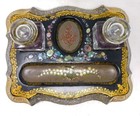 Antique 1800s Papier Mach   Inkwell   Pen Stand Floral Mop Abalone Inlay Hand Ptd