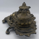 Vintage Art Nouveau Brass Double Inkwell Ornate France