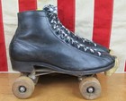 Vintage 1960s Betty Lytle Black Leather Roller Skates Chicago Plates Wood Wheels
