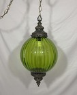 Vintage Mid Century Green Optic Glass Globe Hanging Swag Lamp W chain Ribbed