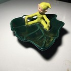 Vintage Mcm Gilner Pottery Green Pixie Elf On 6  Leaf Trinket Dish