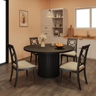 47  Round Dining Table For 4-6  Black Wood Table With Waveform Metal Pedestal