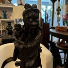 Exquisitely Carved Antique Asian Wood Statue Of A Man Holding Child 17    Tall
