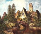 Vtg Mid-20th C German Architectural Landscape With Bridge O c Signed Christian 