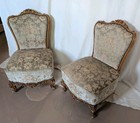 Antique French Style Cream Light Tan Color Floral Jacquard Velvet Slipper Chairs