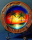 Vintage Hawaii Souvenir Wooden Hand Carved Painted Plate Hawaiian Sunset Tiki