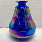 Vintage Cobalt Iridescent Art Glass Vase Blue Bud Vase White Dots 4 In Tall