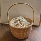 Vintage Nantucket Style Wicker Basket W  Wood Handle Drawstring Liner   Pockets