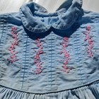Vintage 1950s Girls Blue Dress Pink Floral Embroidery Peter Pan Collar Toddler