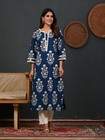 Indian Women Blue   White Floral Printed Pure Cotton Kurta Kurti Top Tunic Dress