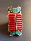 Vintage Nepalese Ring Rare Turquoise And Coral Handmade Brass Ring Size 9 Us