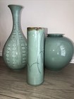 3 Set Korean Celadon Vase Crackle Light Green Glaze Flower Signed 13  9   8 tall